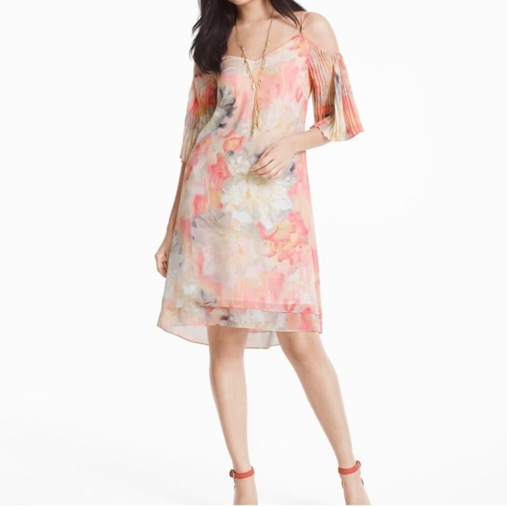 WHBM | Cold Shoulder Pleat Sleeve Watercolor Print Dress, Size 00
